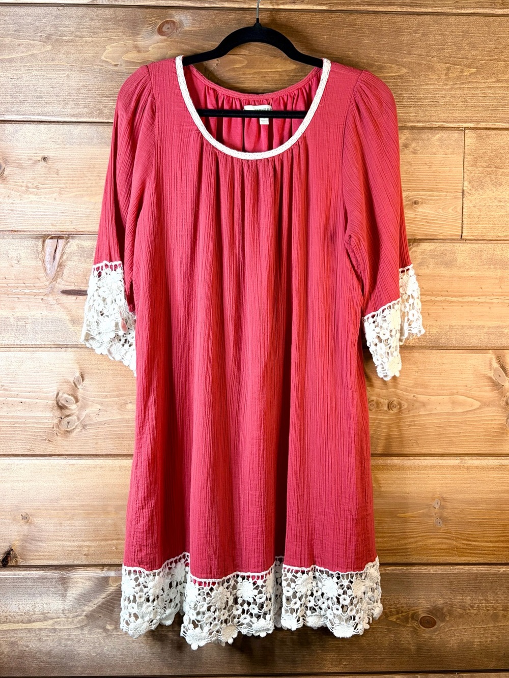 Umgee Red Crochet-Trim Boho Lined Swing Dress Large